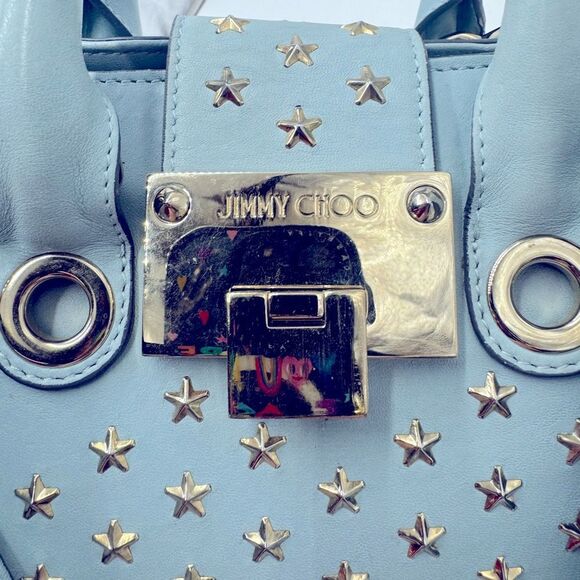 Auth Jimmy Choo Light Blue Star Studded 2way Mini Riley Satchel Top Hanfle Tote - Picture 15 of 15